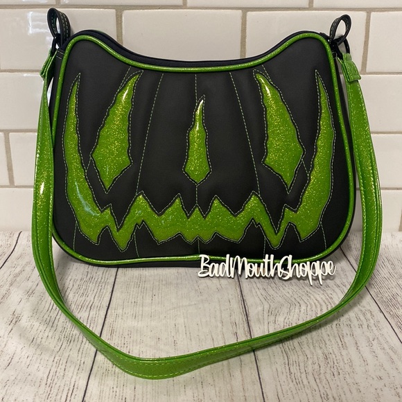 Love Pain and Stitches Handbags - *Love Pain & Stitches Hades Crossbody Pumpkin Black and Glitter Green Purse